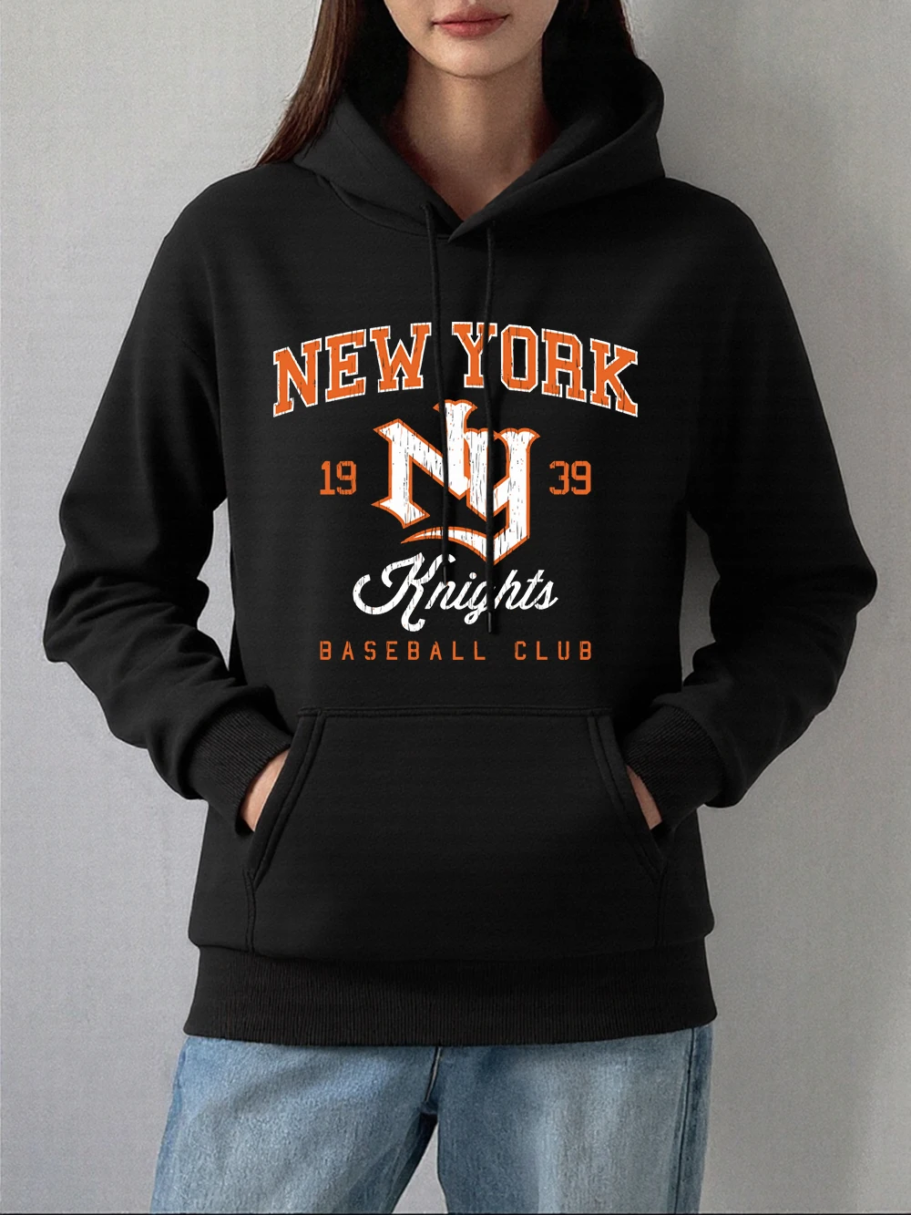 New York Baseball Club Druck Hoodie Frauen Winter Fleece Warme Pullover Casual Lose Sweatshirt Grundlagen Tasche Damen Kleidung