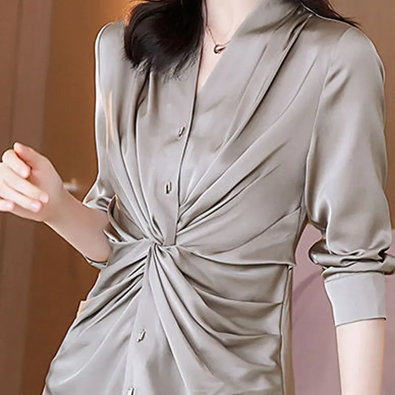 Commute Solid Color Folds Blouse Spring Autumn Fashion Slim Long Sleeve Female Clothing All-match Elegant V-Neck Button Shirt