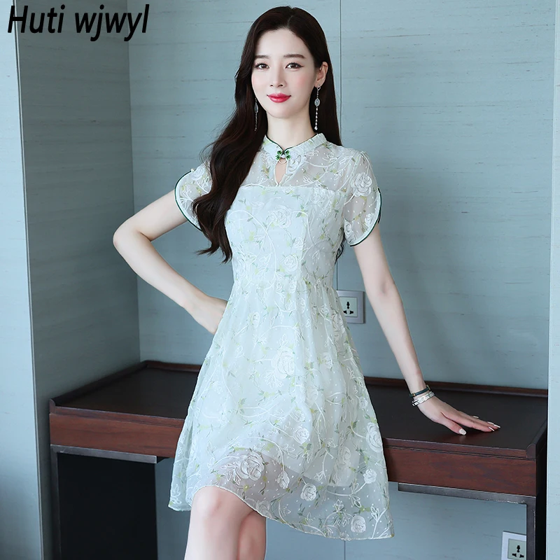 

Women White Floral Embroidery Chiffon Sexy Mini Dress 2024 Summer Chinese Style Cheongsam Elegant Bodycon Casual Party Vestidos