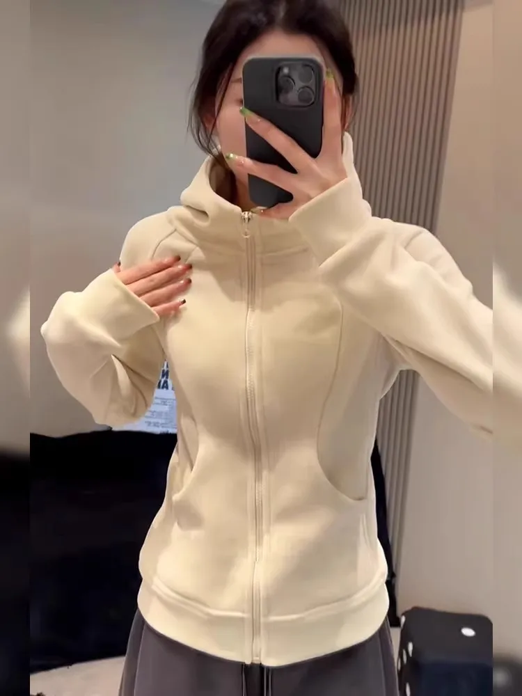 

Outlets Thickened Hooded Cardigan Yoga Sports Top Women's Jacket Korean Style Commute Casual Long Sleeve Zipper Pure Color