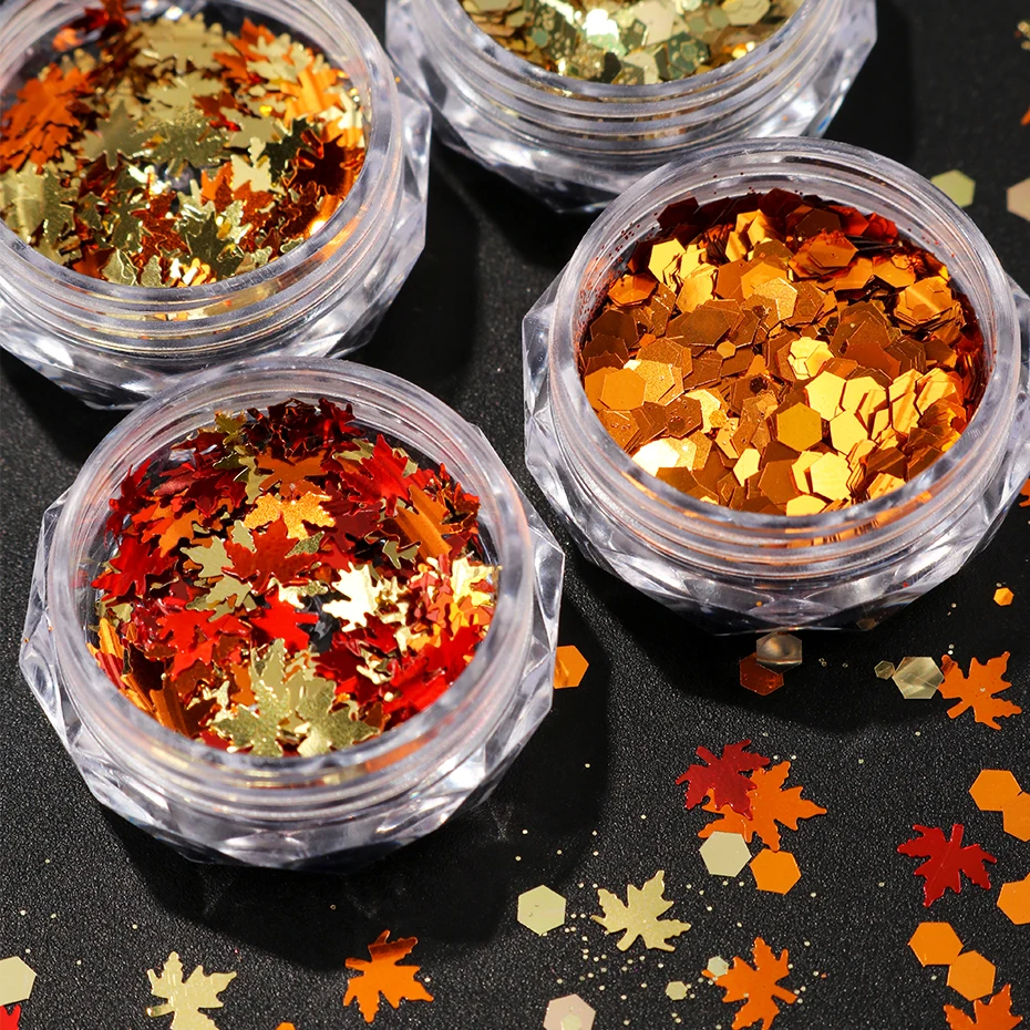 6 Bottles Maple Leaf Sequins Maillard Style Brown Red Nail Glitter Hexagon Powder Pigment Dust for Autumn Nail Art Decoration