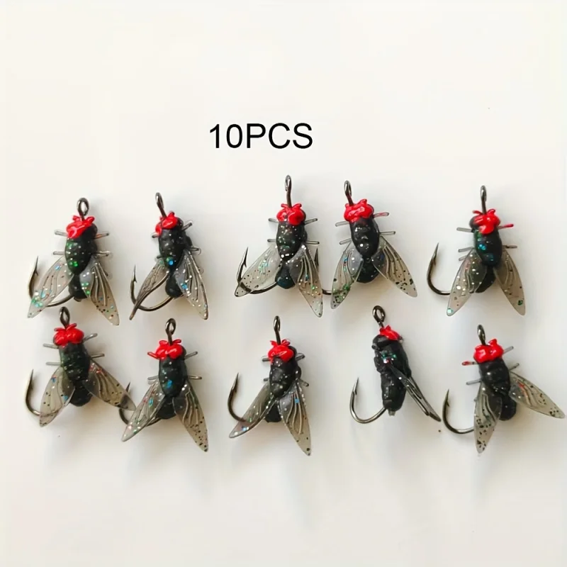 10 Pieces/20 Luya Soft Bait with Hook, Black Fly Artificial Bait, Fishing Accessories, Red-Headed Fly in a Box