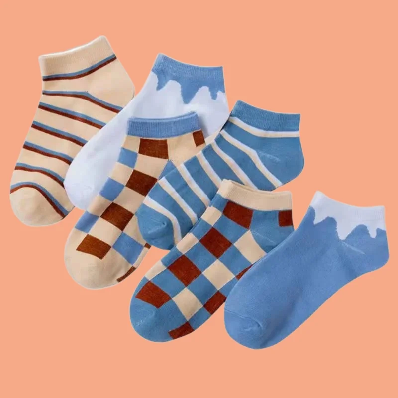 

6/12 Pairs Plaid Short Student Polyester Cotton Socks Seasonal Shallow Mouth Versatile Adult Fashion Boat Socks Women's Socks