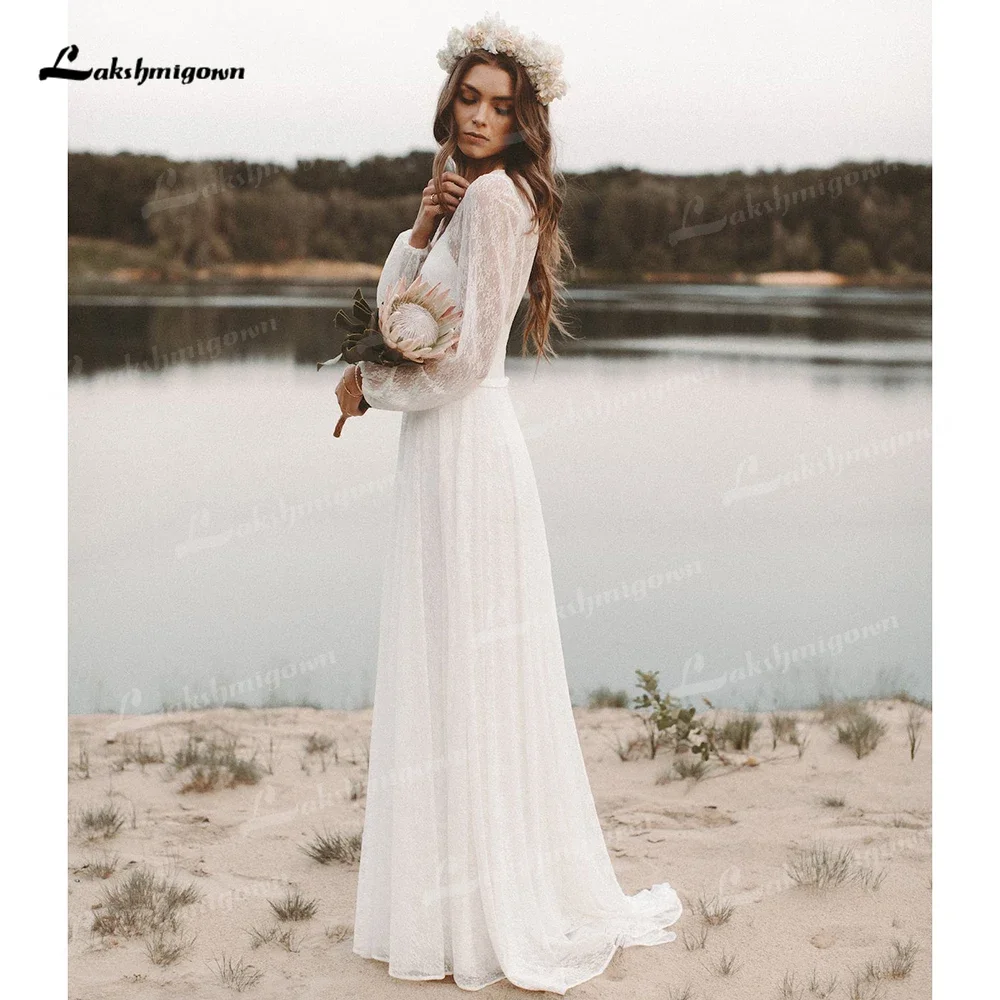 2025 Beach V Neck Full Cap Sleeve Lace A Line Wedding Dress Boho Bridal Gowns Sweep Vestidos De Novia Robe De Mariée