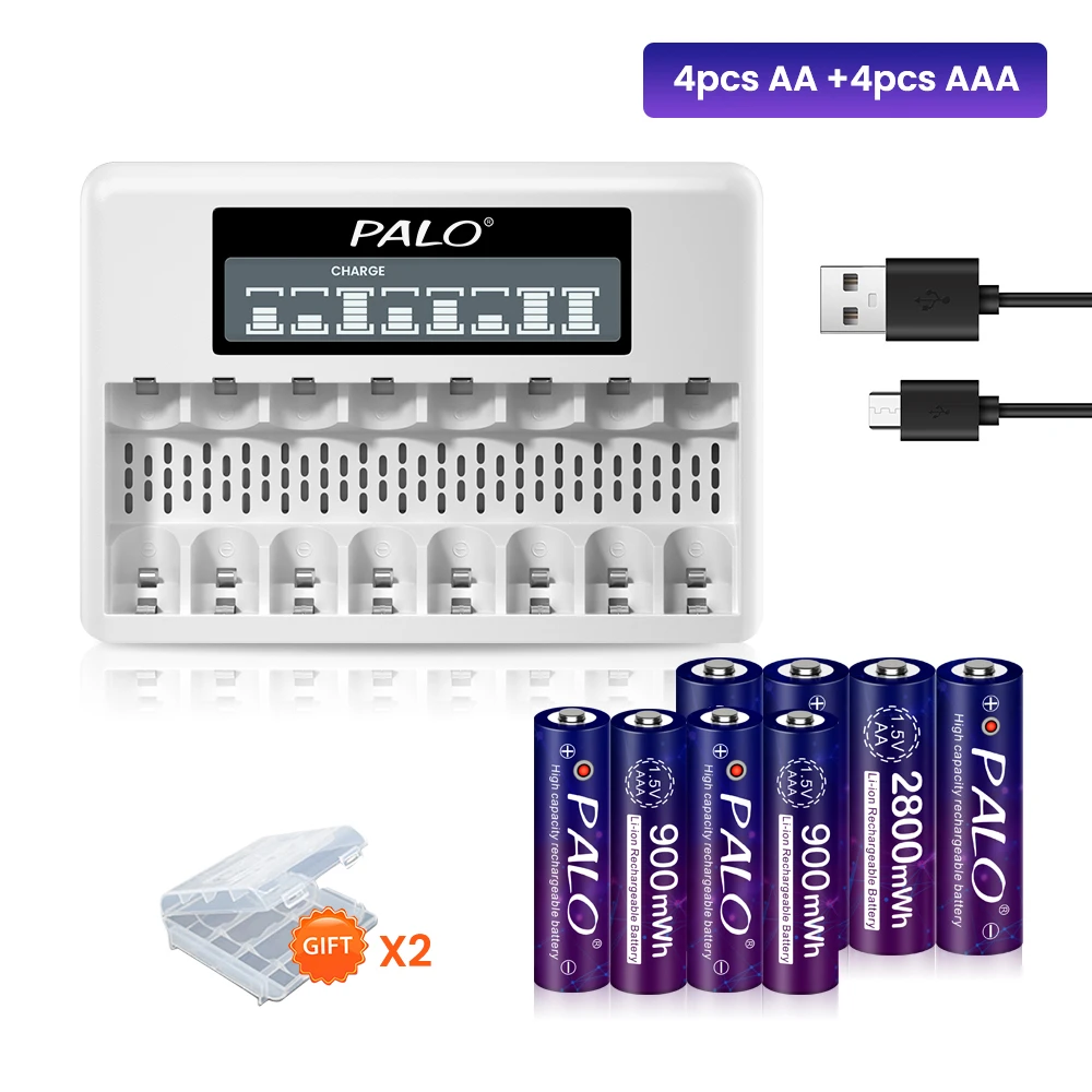 

PALO Rechargeable 1.5V AA AAA Li-ion Battery 2800mWh AA & 900 mWh AAA Lithium Ion Batteries with LCD Fast Smart Charger