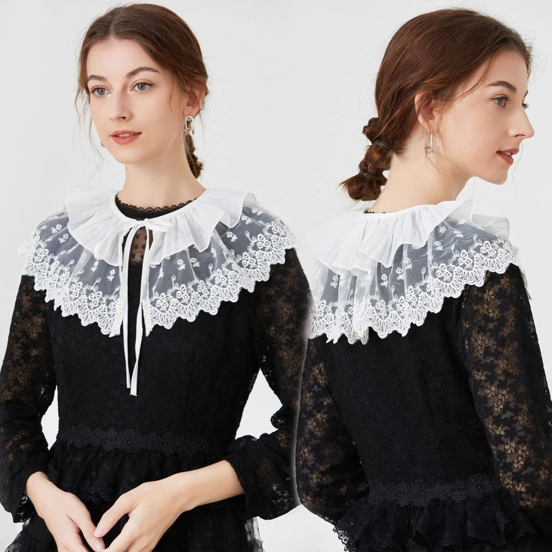 

Women See Through Mesh Detachable False Collar Pleated Trim Shawl Wrap Embroidery Floral Capelet Shrugs