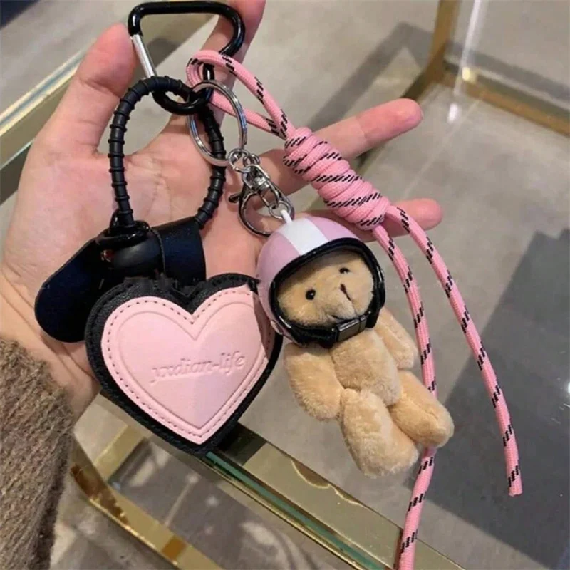 Cute Helmet Bear Pendant DIY Personality Car Key Chain Decoration Charm Woven Rope Hanging Mobile Phone Key Ring Bag Accessories