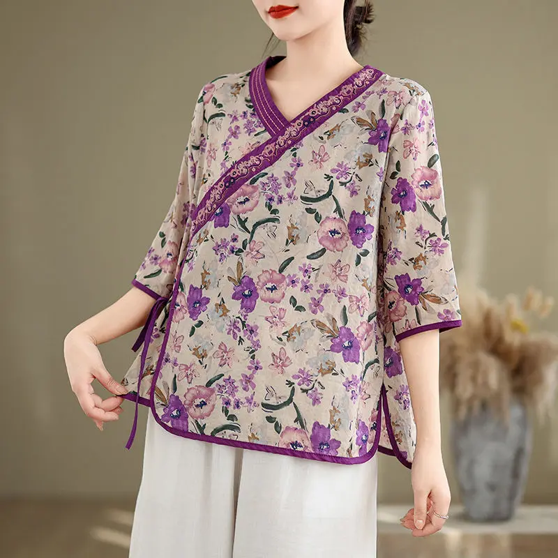 

Ethnic Vintage Artistic Heavy Embroidery Cotton and Linen Shirt Top Slanted Lapel Casual Loose Versatile V-neck Shirt Trend