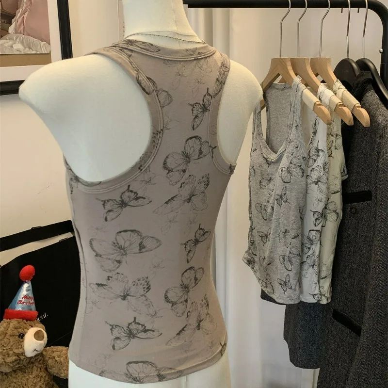 Vintage Spice Girl Outfit Sling Suspender Women's Summer Chinese Style Butterfly Printed Slim Fit Versatile Sleeveless Tank Top