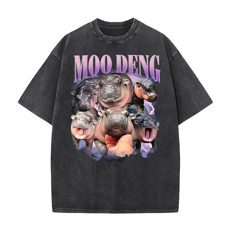 Funny Cute Moo Deng Hippo T-shirts Men Women Moo Deng Rap Tee Vintage Fashion Little Hippo Pig Lover Shirts Washed Cotton Tshirt