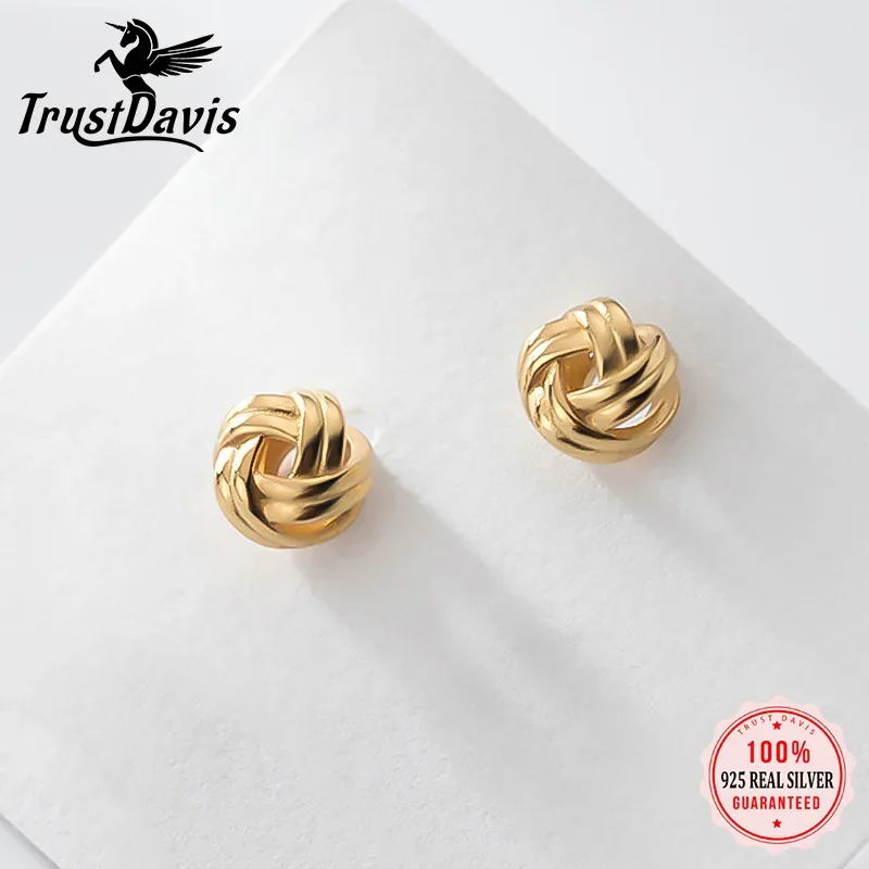 TrustDavis Real 925 Sterling Silver Fashion Charm Sweet Gold Knot Stud Earrings For Women Wedding Party Fine S925 Jewelry DA1797