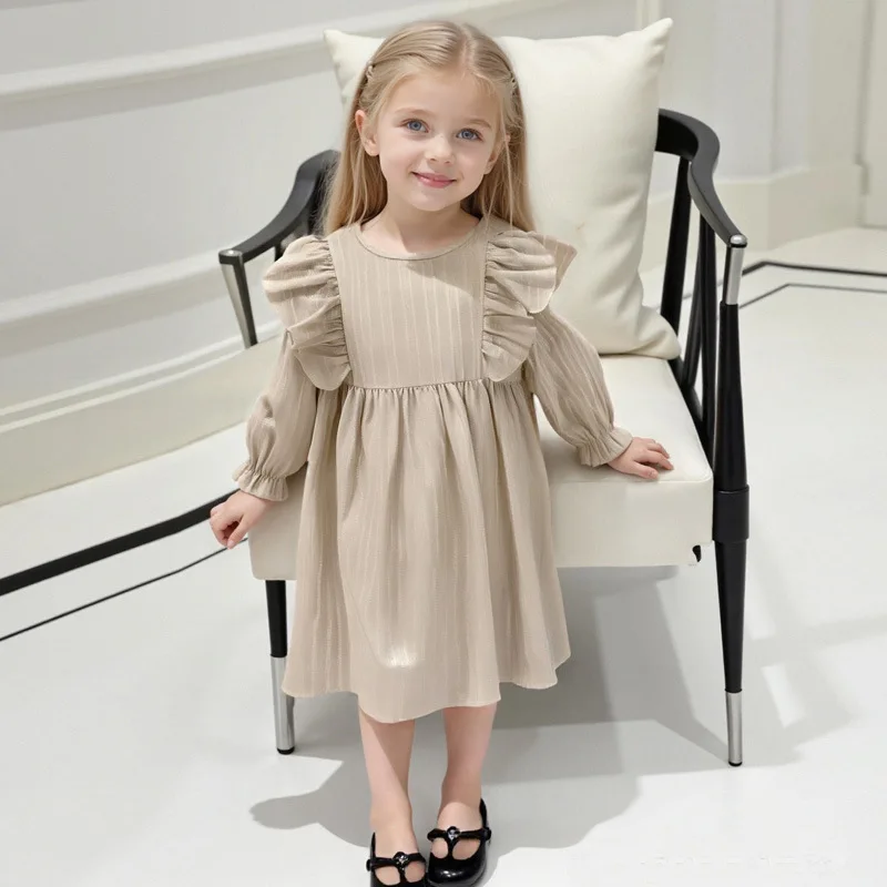 3 4 5 6 7 Jahre Altes Mädchen Lässiges Einfarbiges Kleid Rundhals Langarm Spitze Plissiertes Kleid Ländlicher Stil Tägliche Kleidung Herbst