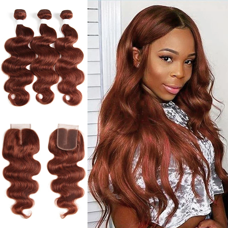 Brown Auburn Human Hair Bundles With Closure 4x4 Brazilian Body Wave Human Hair Weave Bundles Remy Hair 3 PCS KEMY HAIR