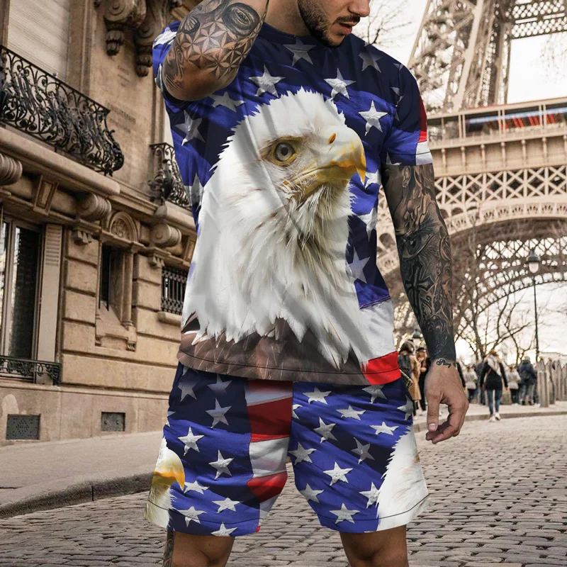 2022 Vintage Eagle American Men's Outfits Oversized Streetwear T Shirt Set Jogging Tracksuit Hip Hop USA Casual Clothes Suit