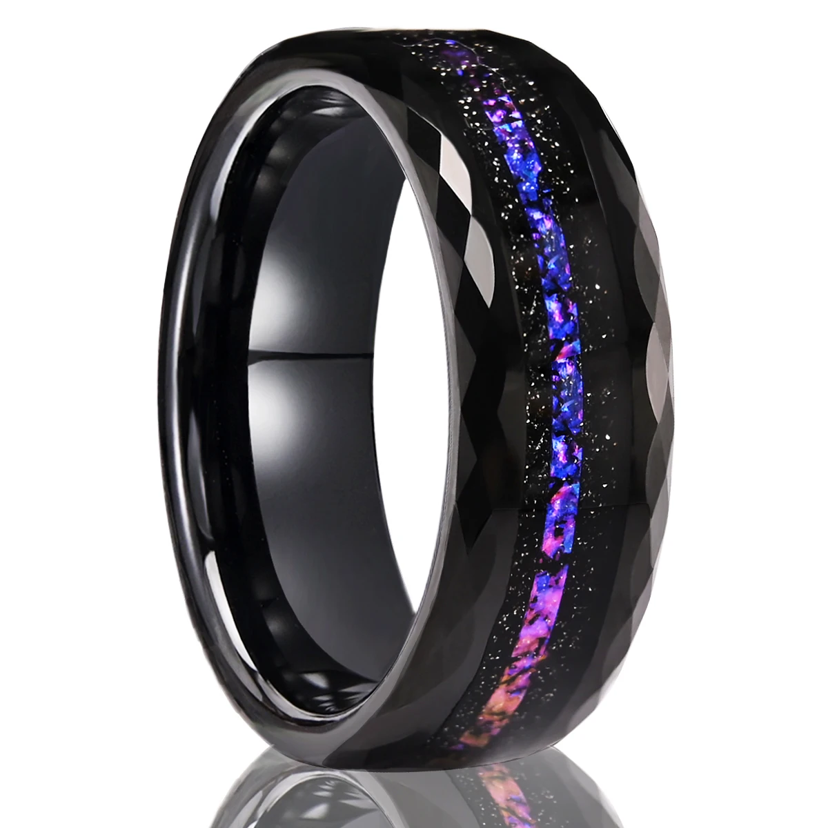 Herren Galaxy Wolframkarbid Eheringe mit Meteoriteneinlage, gehämmerter Ring, Jubiläums-, Verlobungs-, Versprechens- und Alltagsringe, bequeme Passform – Detail 2