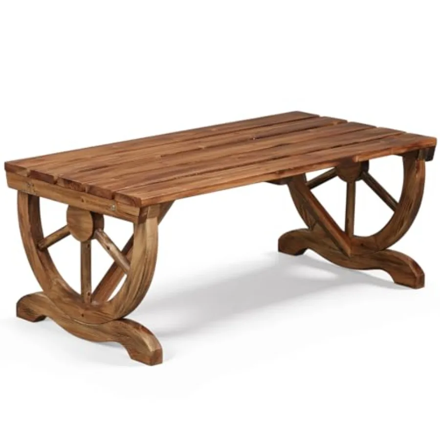

Outdoor 2-person rustic wagon wheel bench for patio porch backyard; carbonized fir wood; natural brown; weather-resistant slatt
