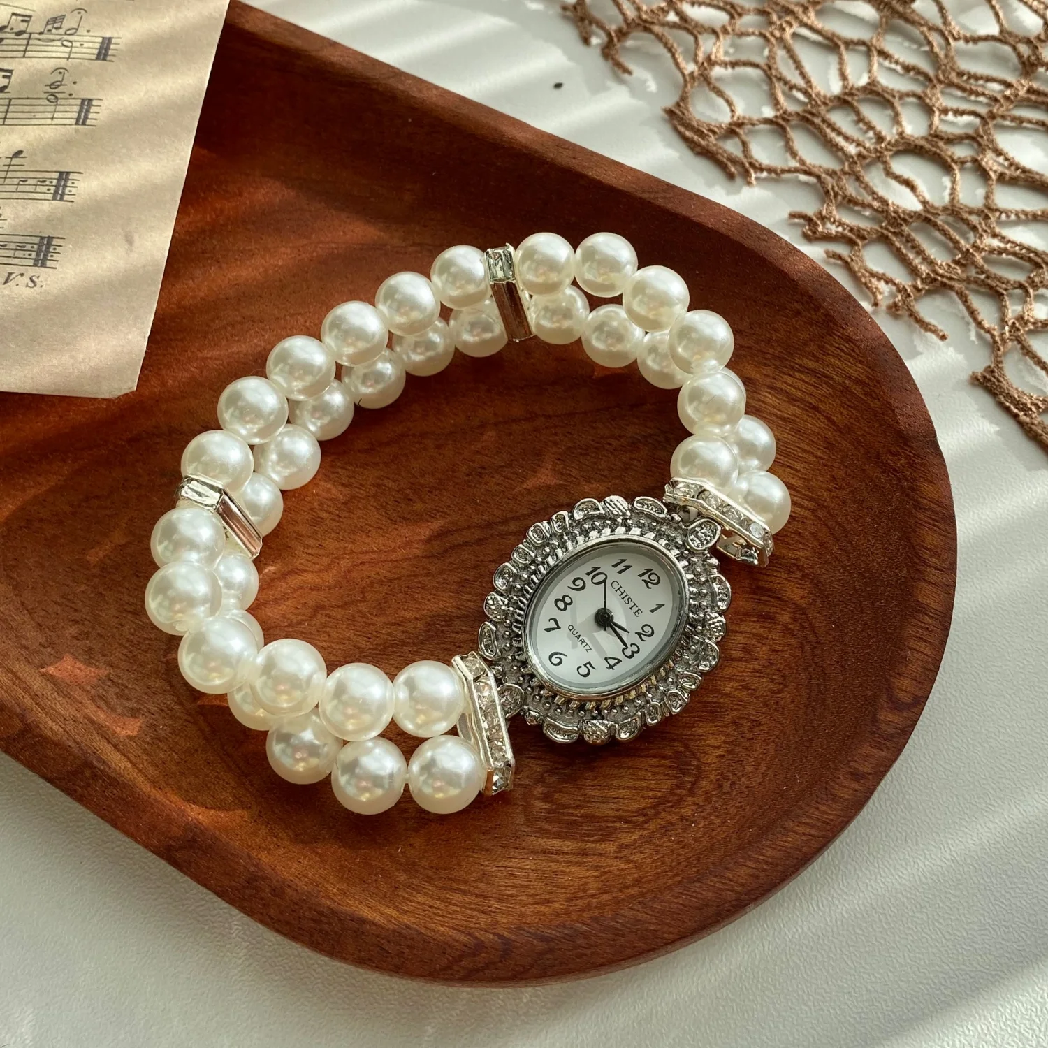 

kids' Ladies Double-row Pearl Quartz Watches Elastic Strap Arabic Digital Dial Simple Watch For Kids Fashion Student Wristwatch