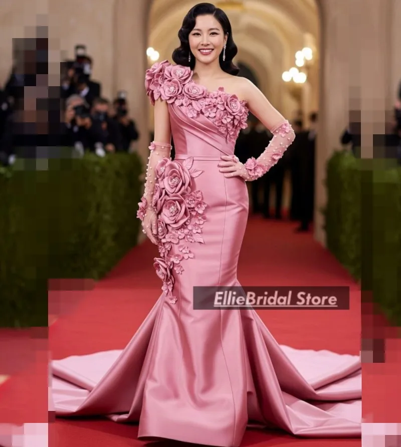 Elegant Mermaid ชุดราตรีถุงมือประดับด้วยลูกปัดดอกไม้งานแต่งงานชุดพรหม Gowns Celebrity Party ชุดที่กําหนดเอง