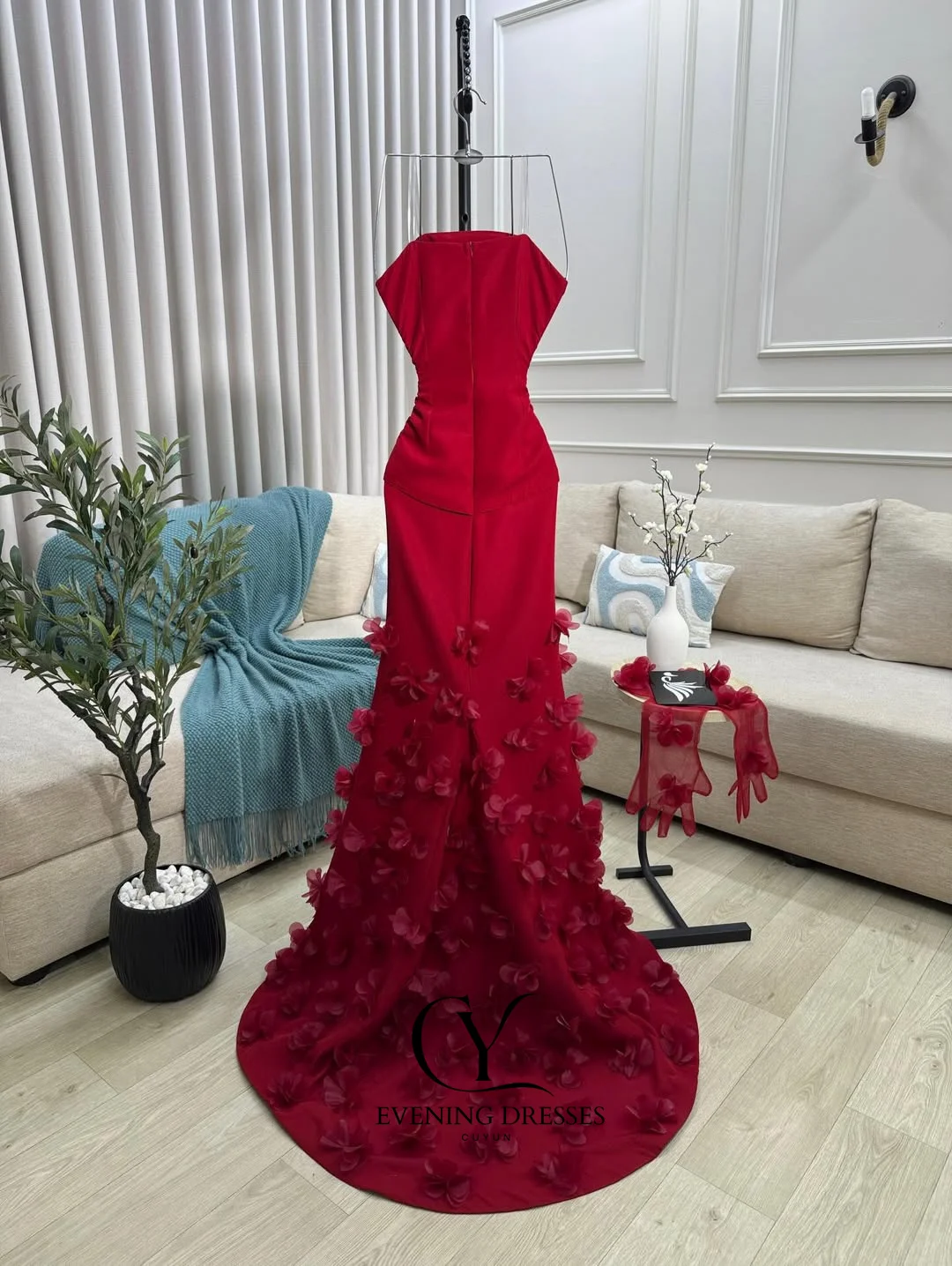 CUYUN Luxus Rot Abendkleider Sexy 3D Blumen Ärmellose Liebsten Elegante Prom Kleider Party Angepasst Vestidos De Noche