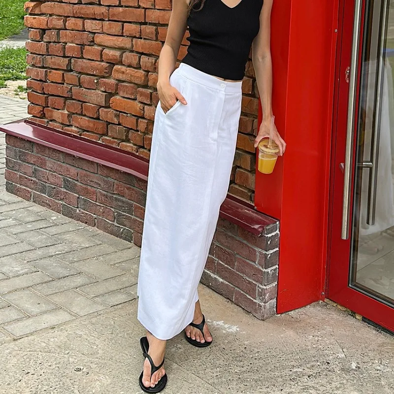

Tsiisd Casual White Straight Leg Maxi Skirt Women Solid White Fashion High Waist Patchwork Commuting 2026 Y2k Maxi Skirts New