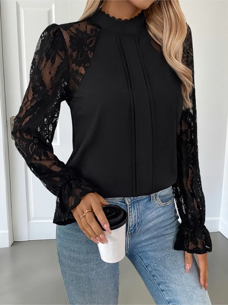 

Women's Clothing Sexy Half Turtleneck Lace Long-sleeved Shirt Elegant Solid Color All-match Simple Style Pullover Temperament