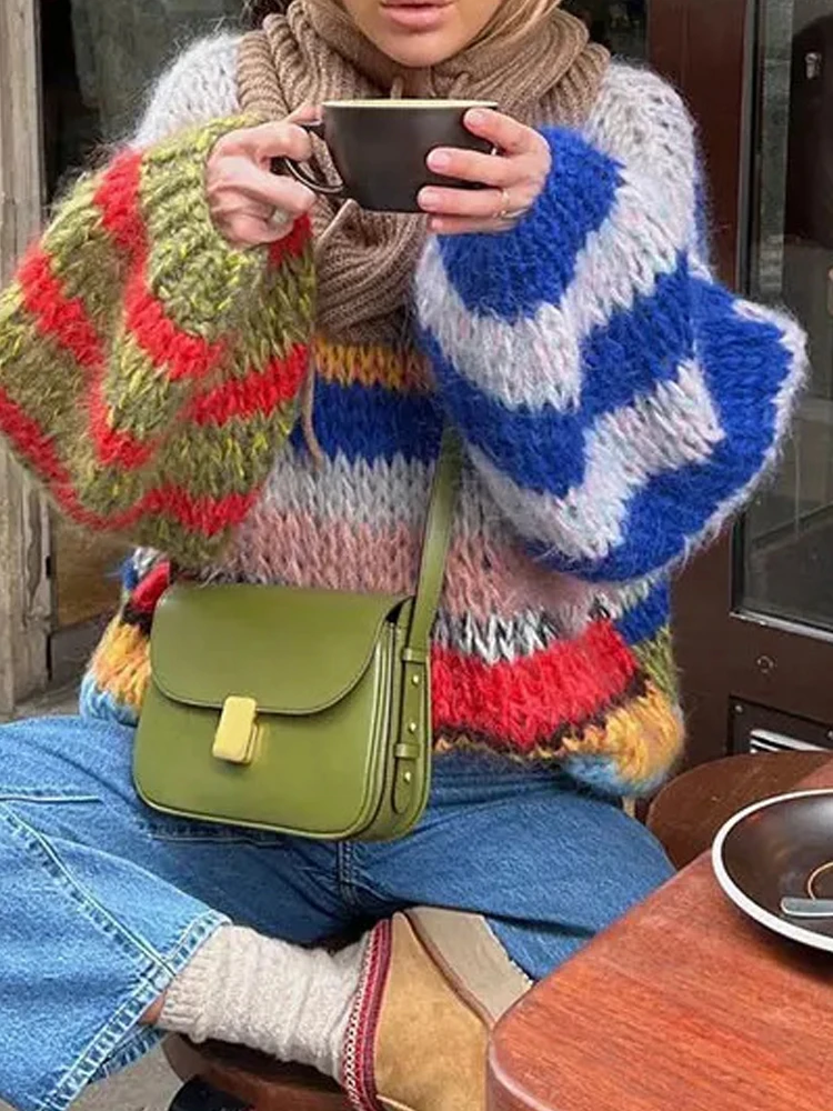 

Fashion Rainbow Stripes Print Jumpers Autumn Winter Elegant Soft Knitted Tops Casual O-neck Long Sleeve Loose Pullover Sweaters