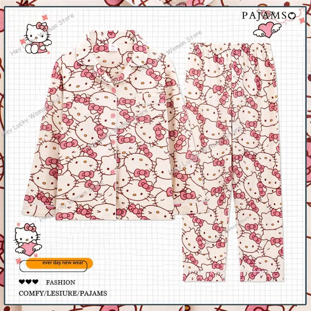 2Pcs Cartoon Hello Kitty Long-Sleeved Set Pajamas Sanrio Kawaii Cinnamoroll Y2K Spring Lapel Thin Cute Girls Casual Home Clothes