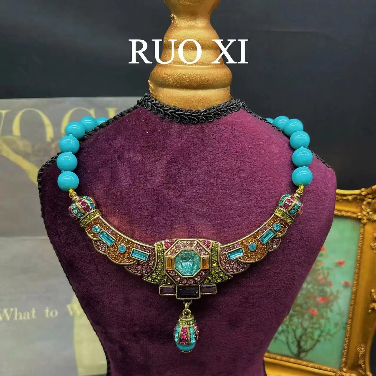 

Vintage Rhinestone Necklace 2025 New Blue Turquoise Necklace Women's Fashion Accessories High Quality