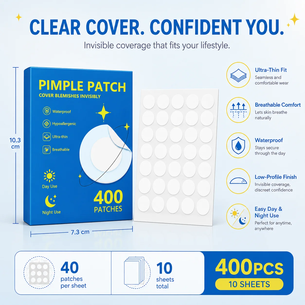 400PCS Hydrocolloid Pimple Patches 10 Sheets Ultra Thin Invisible Waterproof Breathable Face Blemish Cover Stickers