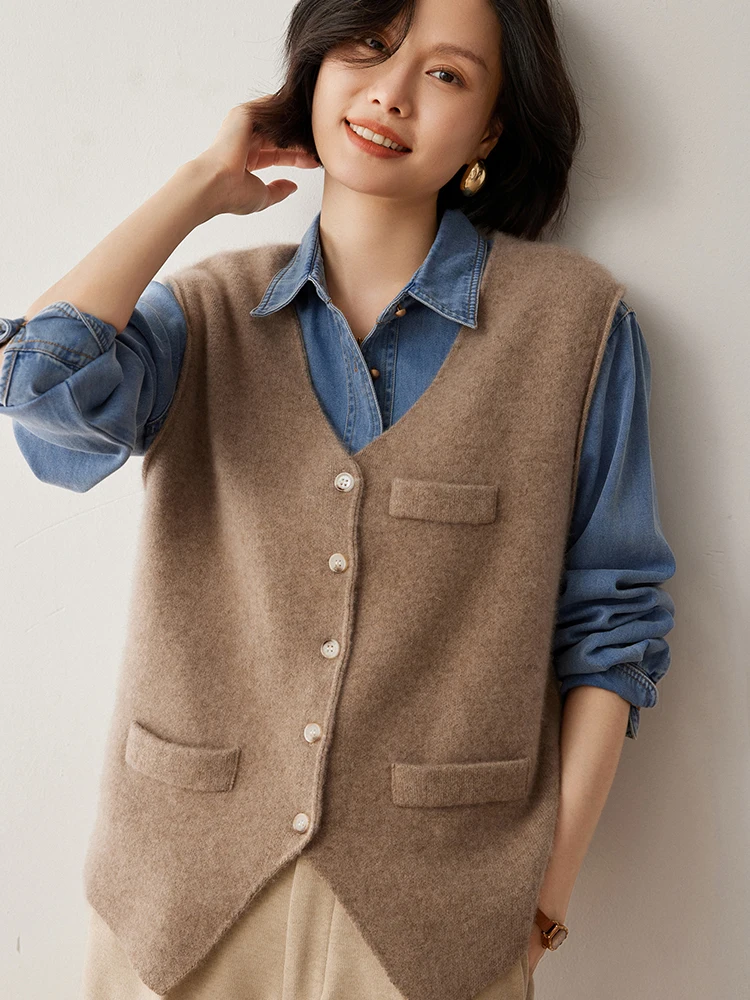 

Autumn Winter Women Vest 100% Cashmere Sweater Cardigan Ladies V-Neck Sleeveless Knitted Cardigans Female Casual Tank Tops