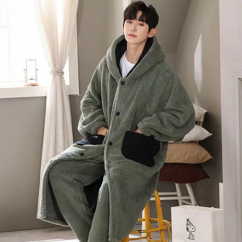 Korallen vlies Pijama setzt Männer Winter verdicken warmen Bademantel passt zwei Stück Kapuze Hauskleidung männliche Lounge wear Nachtwäsche