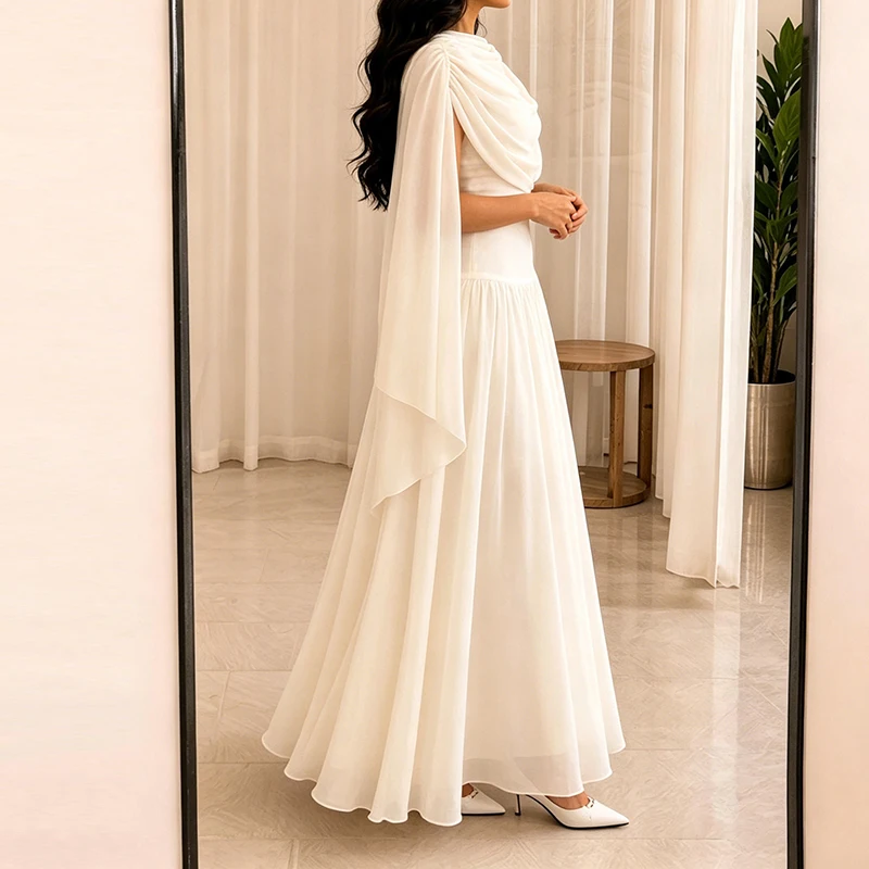 Summer New Women's Vacation Maxi Dresses Temperament Sleeveless Shawl Collar Chiffon Dress Elegant Solid Color High Waist Dress