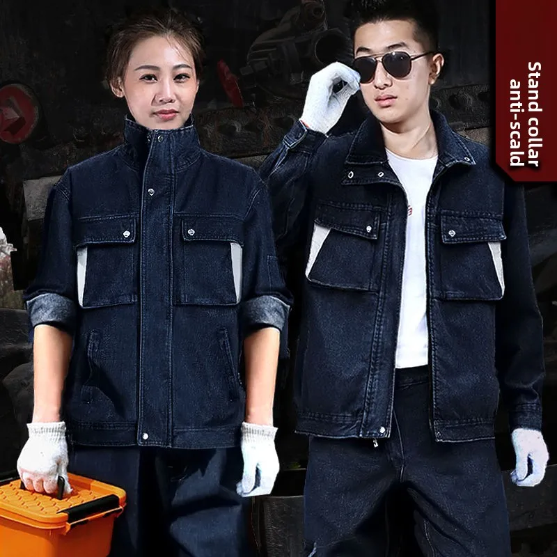 Completo da Lavoro in Denim di Puro Cotone Rinforzato per Saldatura, Set con Top a Collo Alto e Pantaloni, Protezione per le Mani, Tuta da Lavoro da Uomo