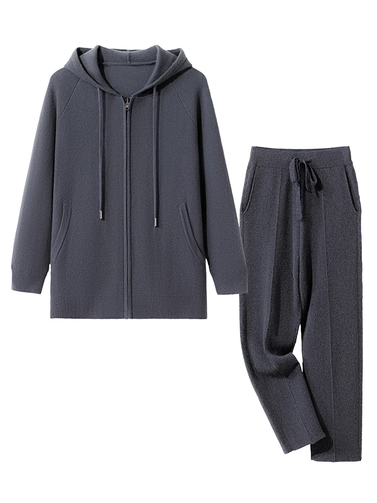 CHICUU Men's 100% Cashmere Knit Sweater Pants Set Hoodie Pullover Straight Leg Pants Autumn Winter Casual Thick Cashmere Knit