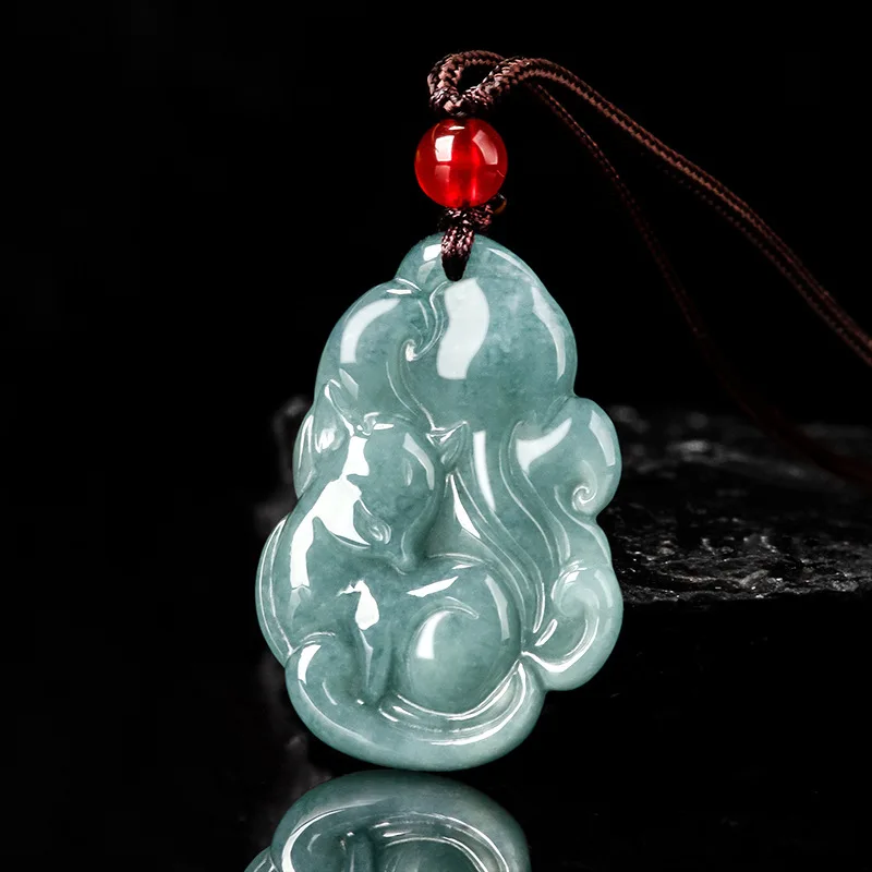 Authentic Natural A-grade Jadeite Blue Water Fox Fairy Nine Tailed Fox Pendant Glutinous Seed Jade Charms Flower Piece Wholesale