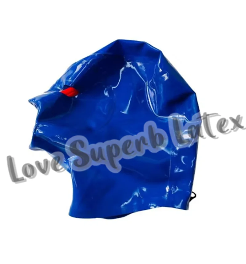 Máscara de goma de látex azul oscuro hecha a mano, capucha de goma, máscara de cobertura completa de látex gummi con funda interior de 5cm, tubo de nariz de 15cm de largo, ojos abiertos