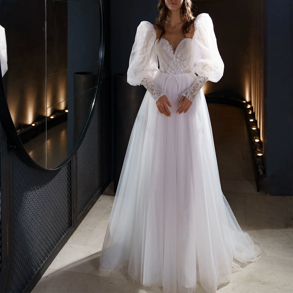 

Customized Lantern Sleeve Tulle Wedding Dress Sweetheart Lace Appliques Bridal Gown with Bead Bow Tie Belt Boho robe de mariage