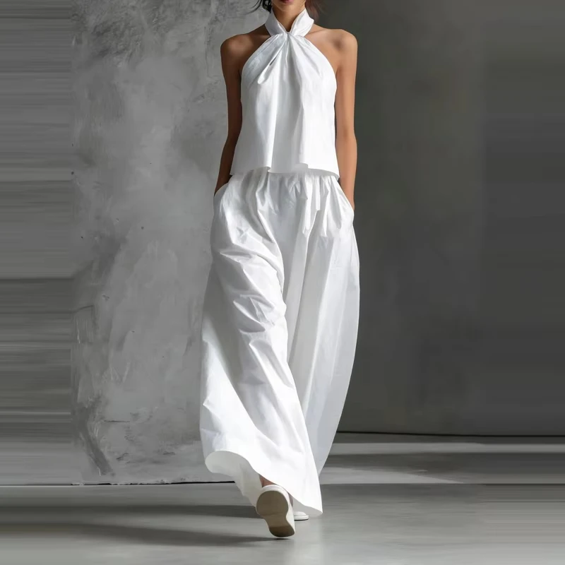 

Women's 2pc Summer Casual Loose Suit Backless Hollow Top with Hanging Neck Wide Leg Pants Simple Solid Commuting Outfit