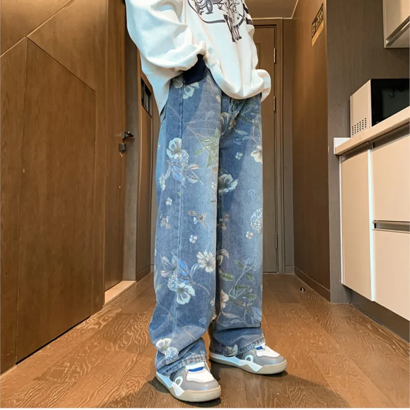 2024 baggy jeans men Floral Printed Jeans Korean Style Autumn Denim Pants High Street Loose Trousers Hip Hop Wide-leg Jean Pants