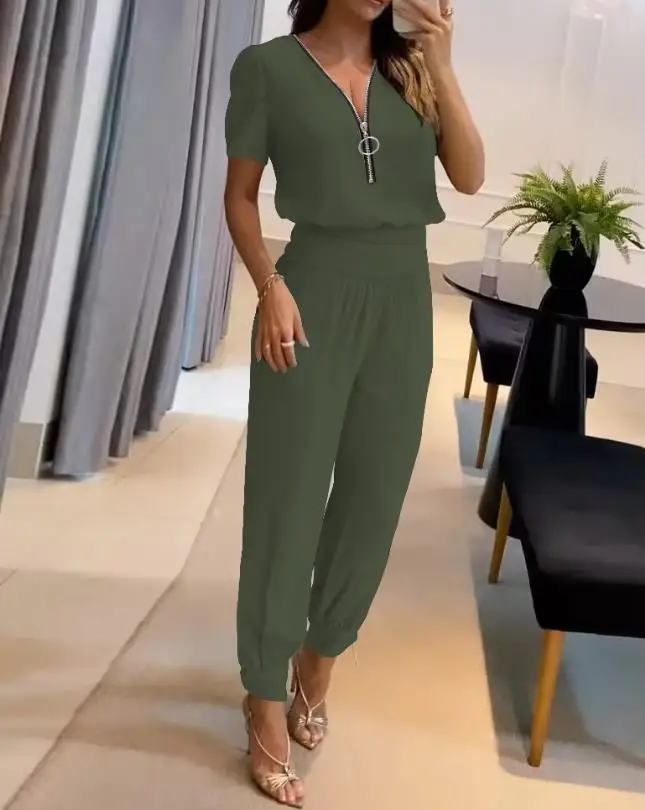 Conjunto de dos piezas para mujer, Top de manga abombada con cuello en V y pantalones informales de cintura alta con bolsillos y puños, moda de