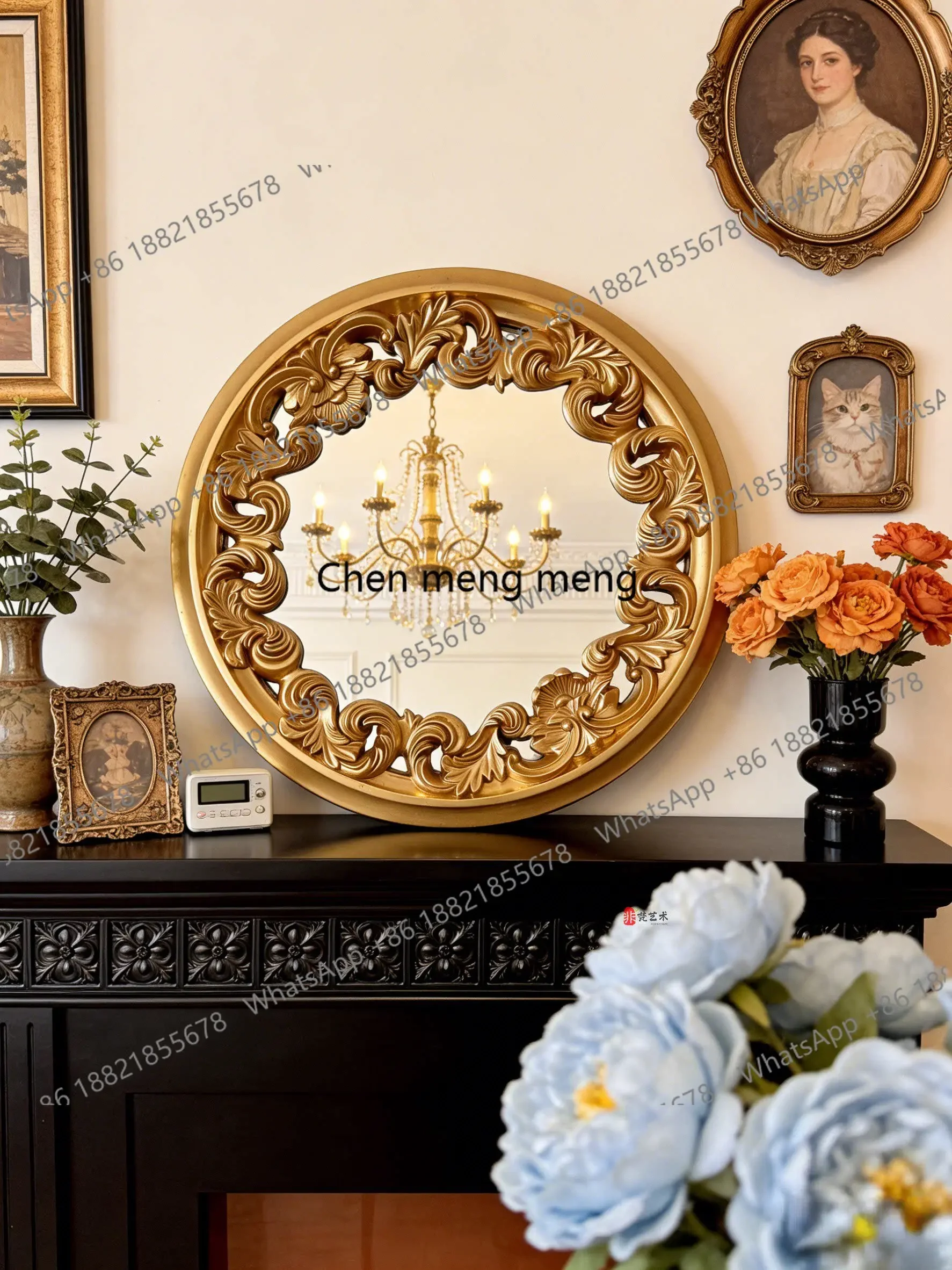B567 French carved retro makeup vanity mirror European light luxury round wall hanging creative dining side entrance