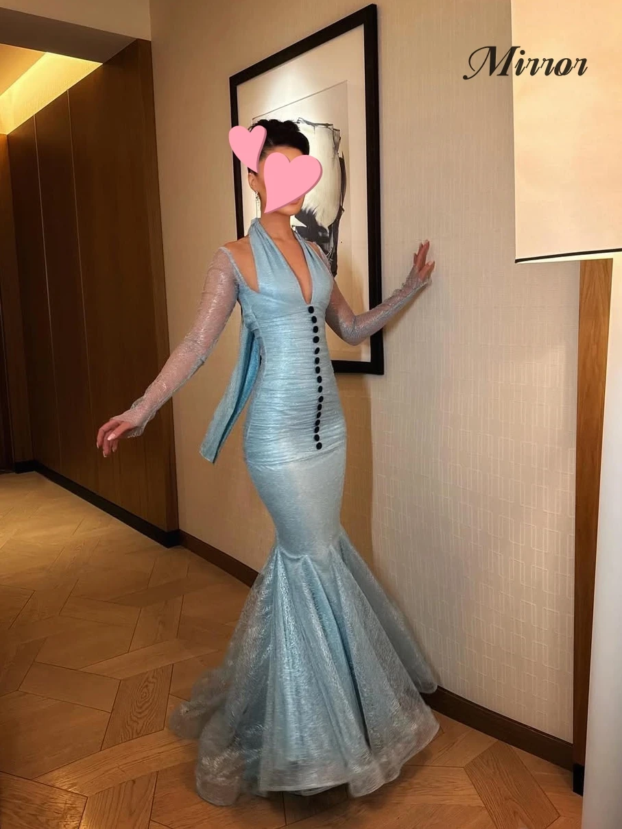 미러 드레스 우아한 빈티지 달콤한 블루 머메이드 레이스 리본 섹시한 신상 맞춤형 공식 행사 프로모 드레스 이브닝 파티 가운