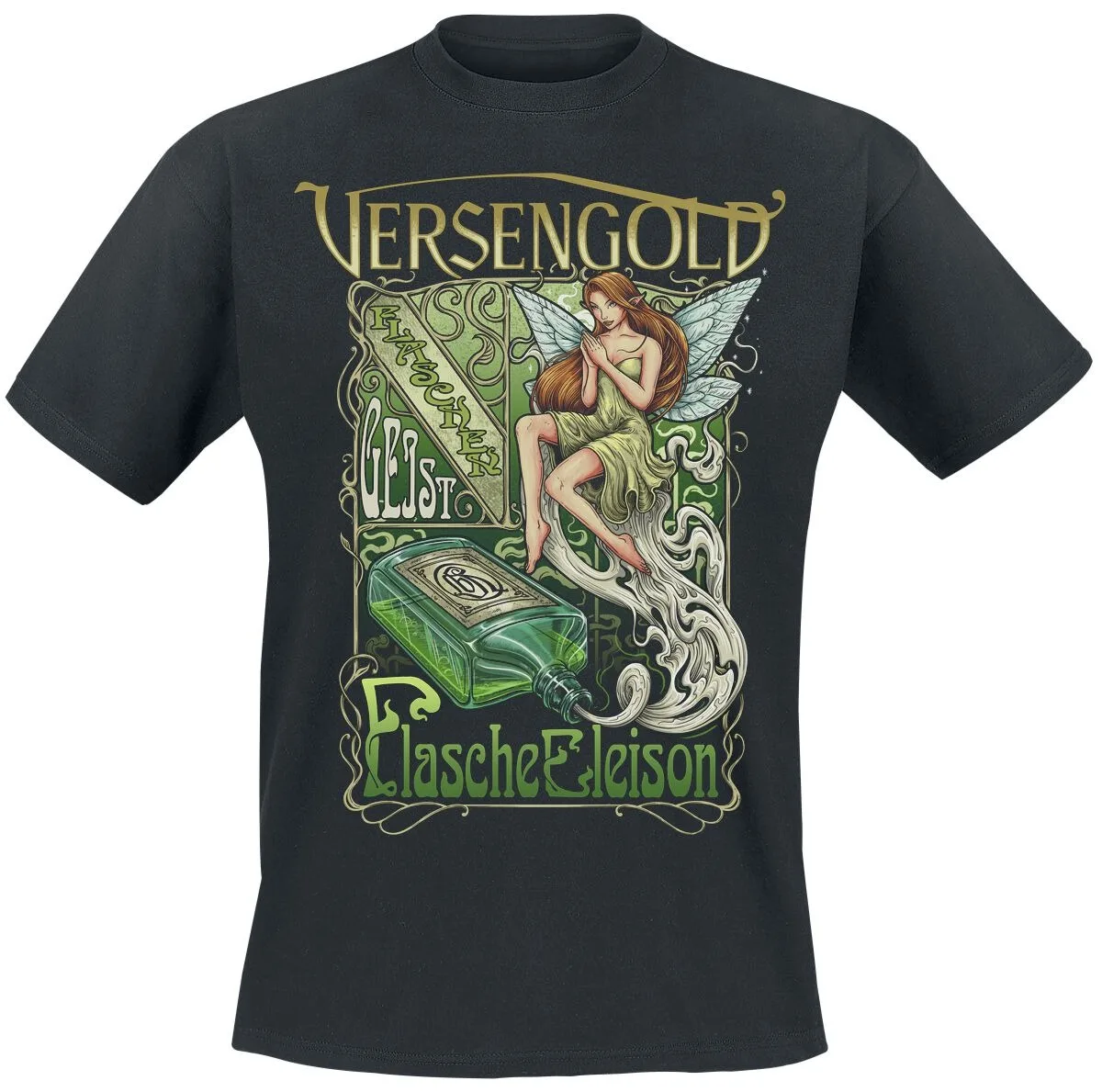 Versengold Flasche Eleison Tee, Folk Metal T-Shirt with Fairy Bottle Print & Band Logo, Band Fan Merch