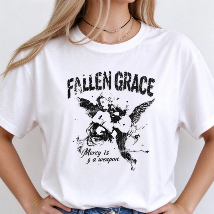 Retro Gothic Fallen Grace Angel Graphic T Shirt Women Men Distressed Art Print Short Sleeve Casual Street Tees Harajuku Y2k Top