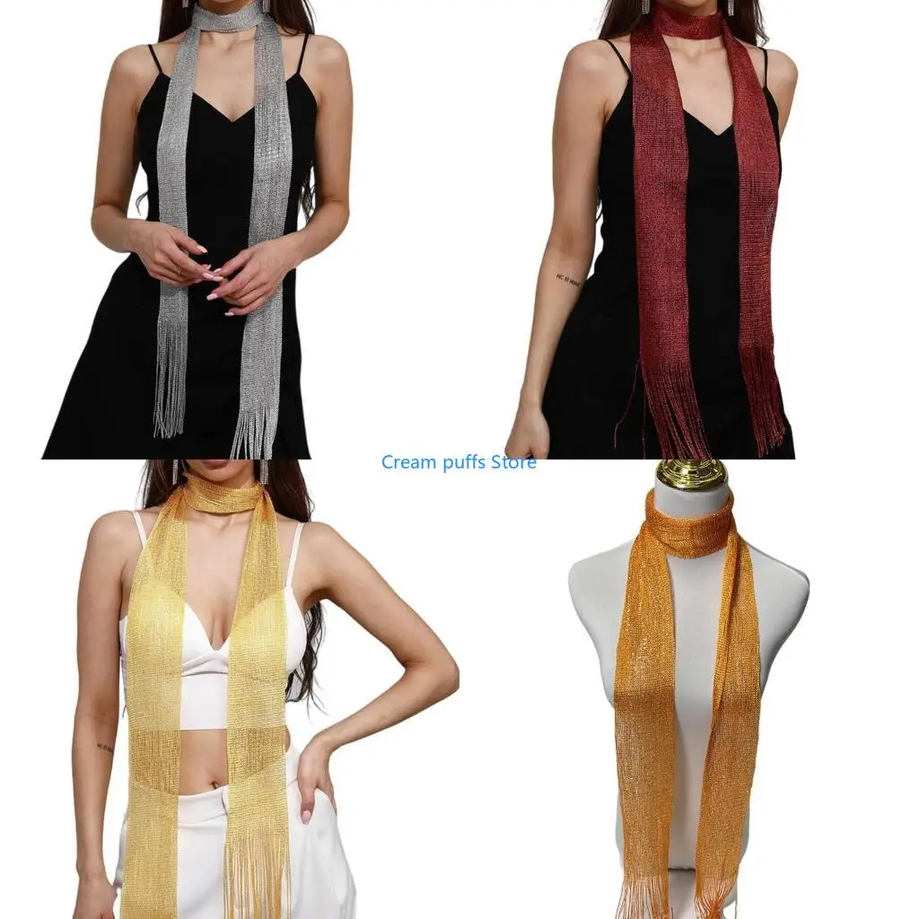 50LE Woman Lace Tassels Scarf for Masquerades Wedding Scarf with Shinning Tassels