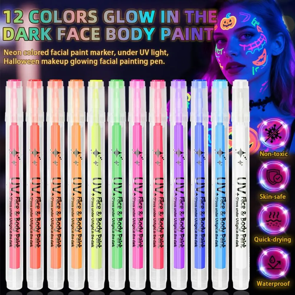 12 Colors Glow Face Paint Markers Black Light Reactive Non-Toxic Body Paint Markers Set Easy Wash Off Water-Based