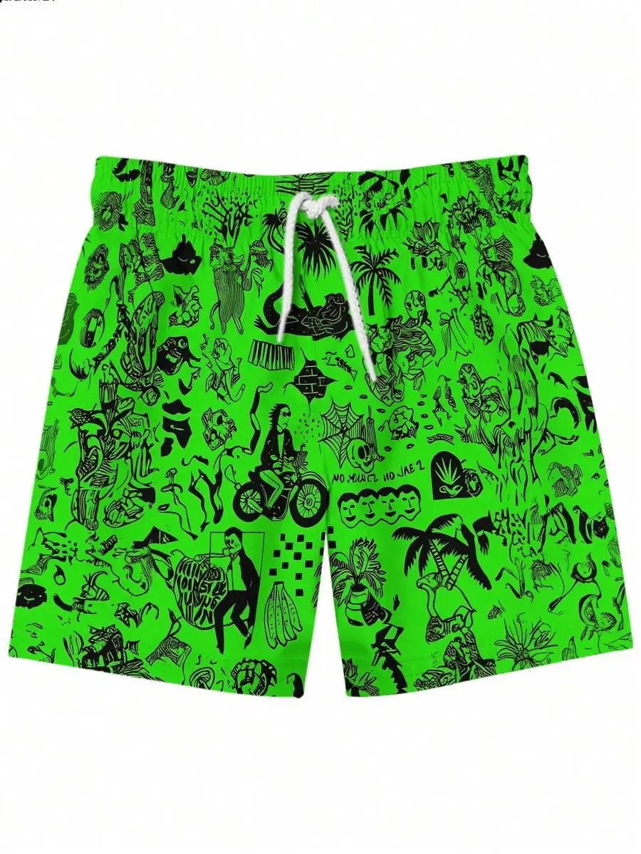 

Fluorescent Green Adult Shorts With Black Quirky Doodle Print