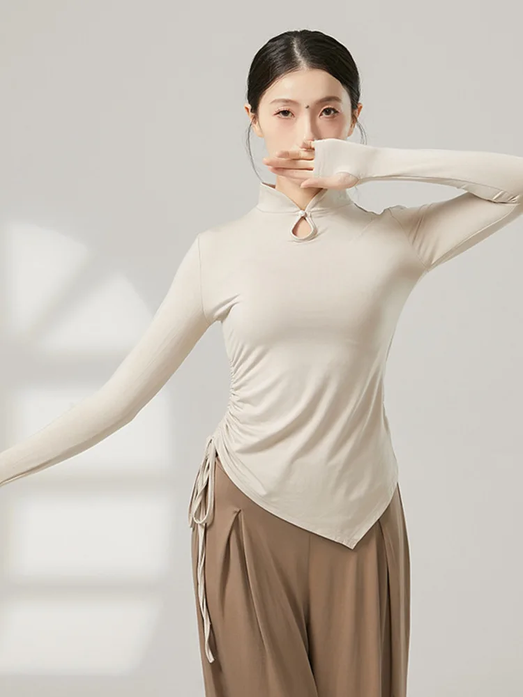 Costume da prova per pratica di scena da donna, danza classica, vestibilità slim, colletto alto, dettaglio con coulisse, tinta unita, camicia a maniche lunghe