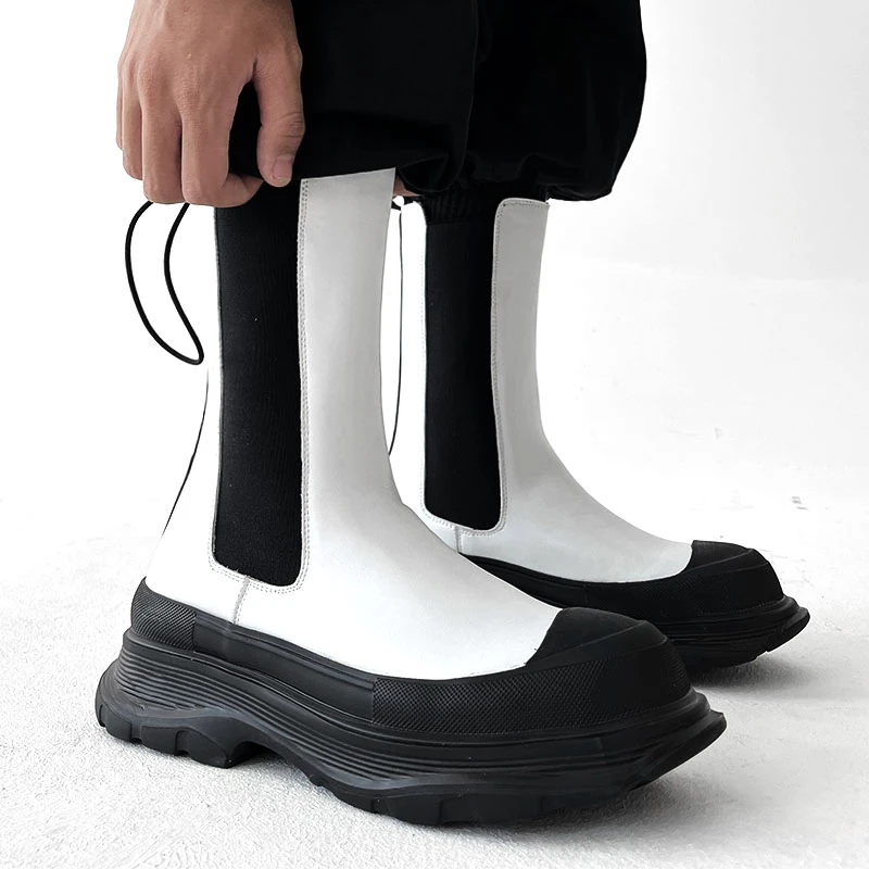 Botas de plataforma para discoteca y escenario a la moda para hombre, zapatos blancos y negros, botas de cuero originales estilo vaquero, botas masculinas para primavera y otoño