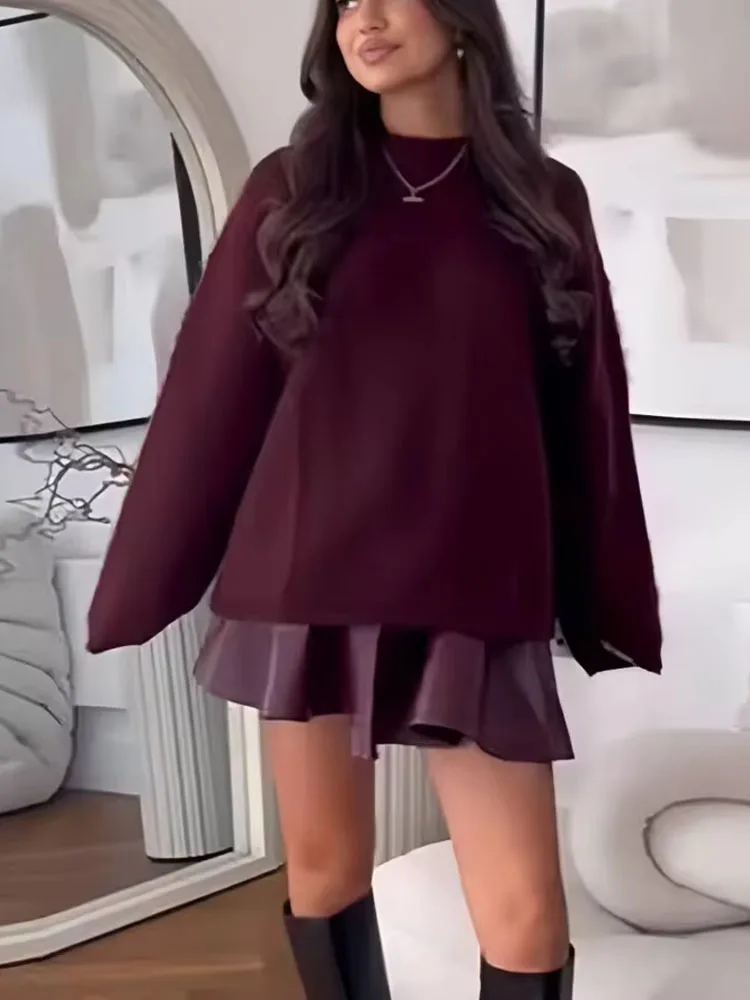 

2024 Women Claret Knitted Pullover Autumn Sweater Woman O-Neck Long Sleeves Casual Fashion Chic Top Mujer Roupa